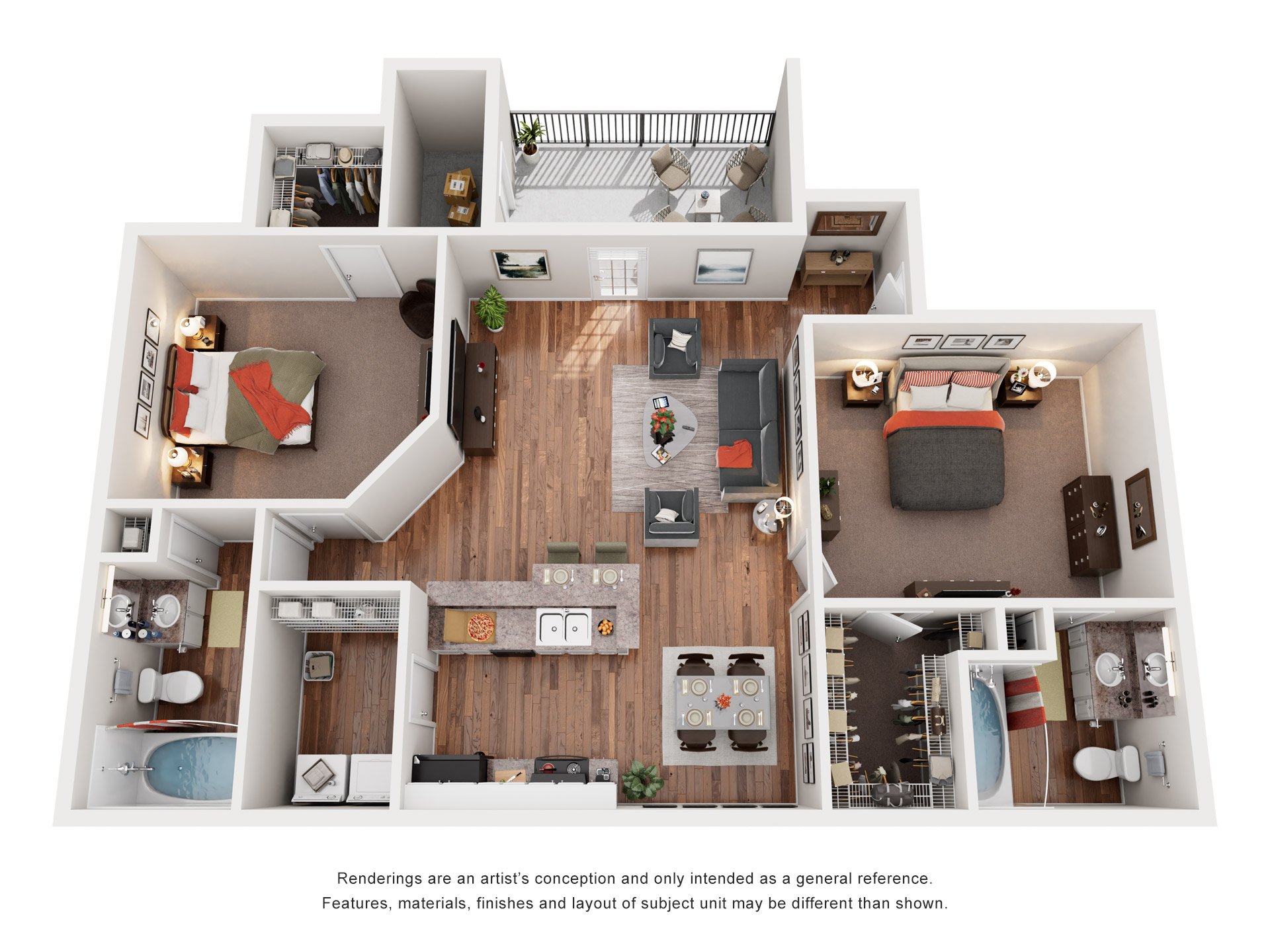 Floor plan for 2 beds, 2 baths, 1128 sqft